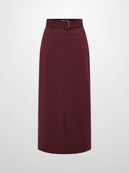 Belted Straight Maxi Skirt - Burgundy