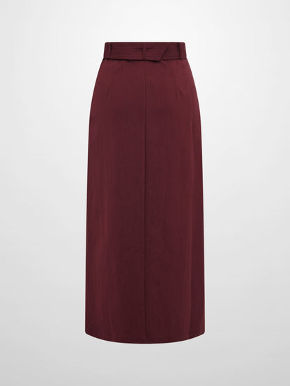 Belted Straight Maxi Skirt - Burgundy