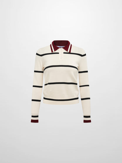 Thin Knit Polo Top - Cream/Black/Burgundy