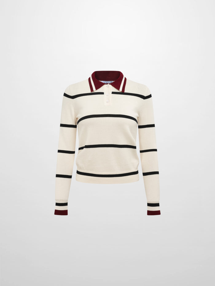 Thin Knit Polo Top - Cream/Black/Burgundy