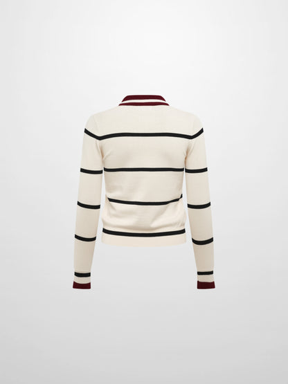 Thin Knit Polo Top - Cream/Black/Burgundy