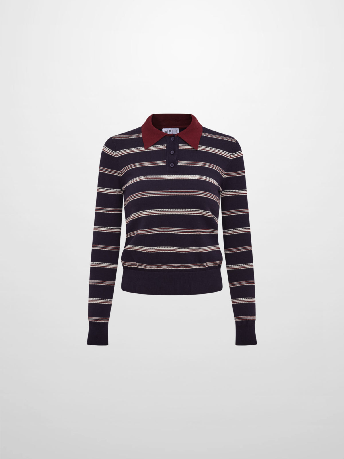 Thin Knit Polo Top - Navy/Burgundy/Cream
