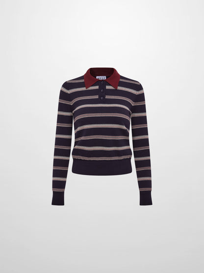 Thin Knit Polo Top - Navy/Burgundy/Cream