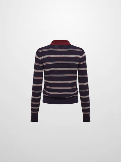 Thin Knit Polo Top - Navy/Burgundy/Cream