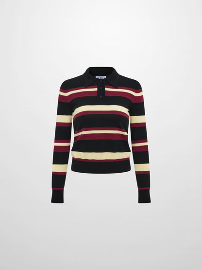 Thin Knit Polo Top - Black/Burgundy/Yellow
