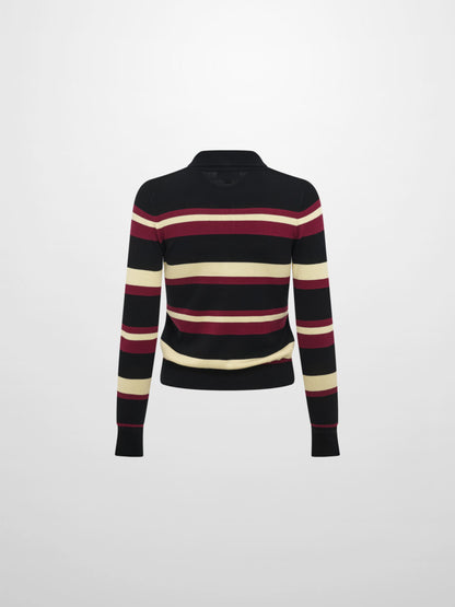 Thin Knit Polo Top - Black/Burgundy/Yellow