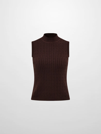 Mock Neck Cable Sleeveless Top - Brown