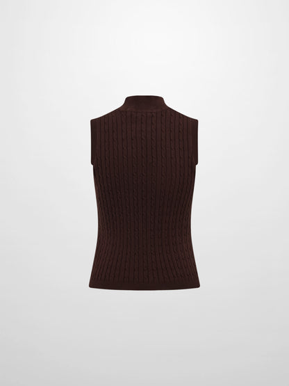 Mock Neck Cable Sleeveless Top - Brown
