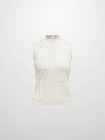 Mock Neck Cable Sleeveless Top - Cream