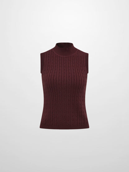 Mock Neck Cable Sleeveless Top - Burgundy