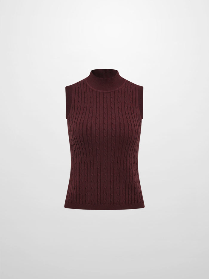 Mock Neck Cable Sleeveless Top - Burgundy