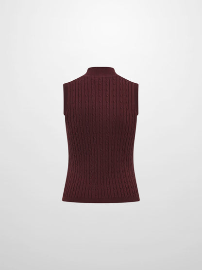 Mock Neck Cable Sleeveless Top - Burgundy