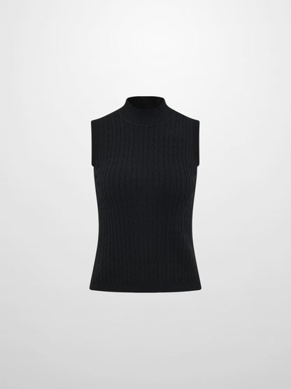 Mock Neck Cable Sleeveless Top - Black