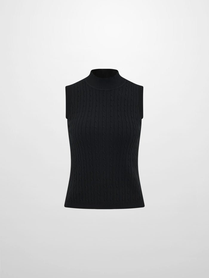 Mock Neck Cable Sleeveless Top - Black