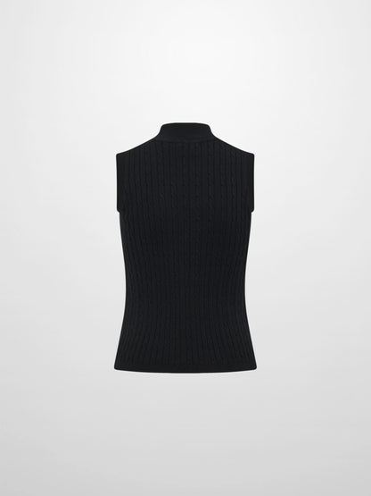 Mock Neck Cable Sleeveless Top - Black