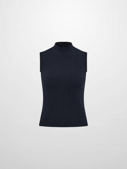 Mock Neck Cable Sleeveless Top - Navy