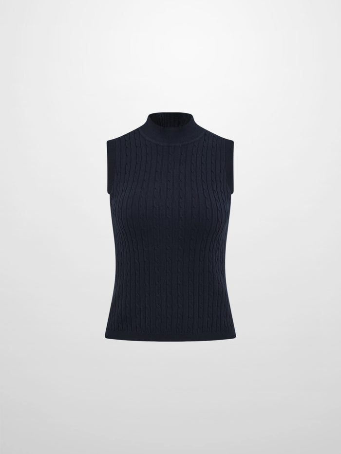 Mock Neck Cable Sleeveless Top - Navy