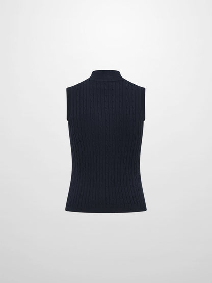 Mock Neck Cable Sleeveless Top - Navy