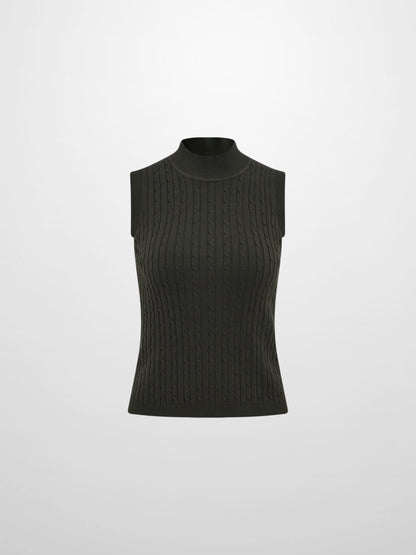 Mock Neck Cable Sleeveless Top - Green