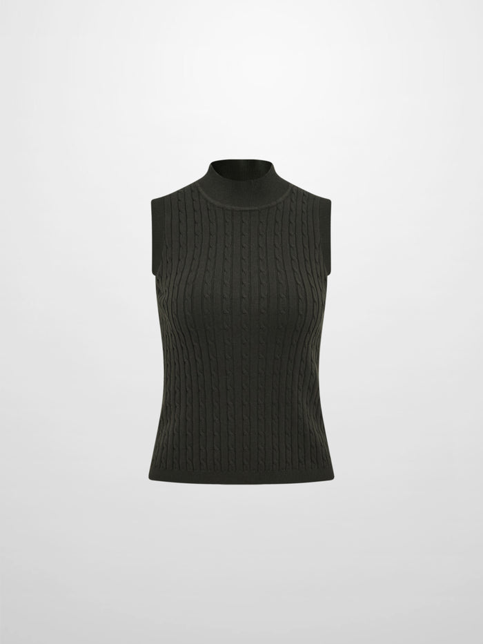 Mock Neck Cable Sleeveless Top - Green