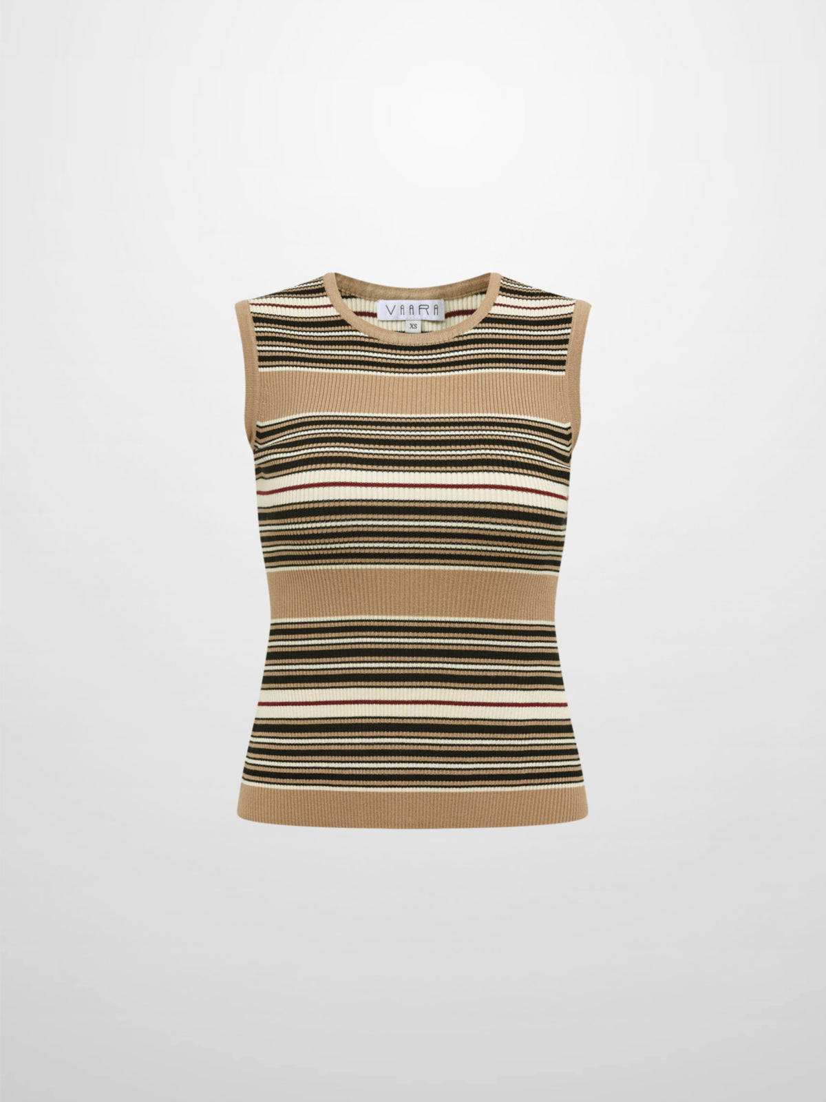 Sleeveless Ribbed Knit Sweater - Camel/Black Stripe