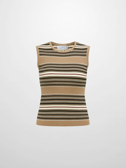 Sleeveless Ribbed Knit Sweater - Camel/Black Stripe