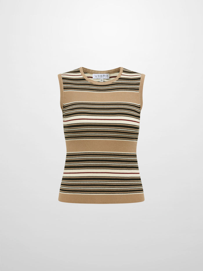 Sleeveless Ribbed Knit Sweater - Camel/Black Stripe