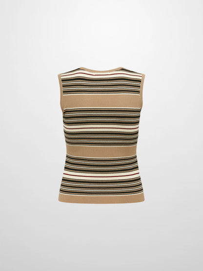 Sleeveless Ribbed Knit Sweater - Camel/Black Stripe