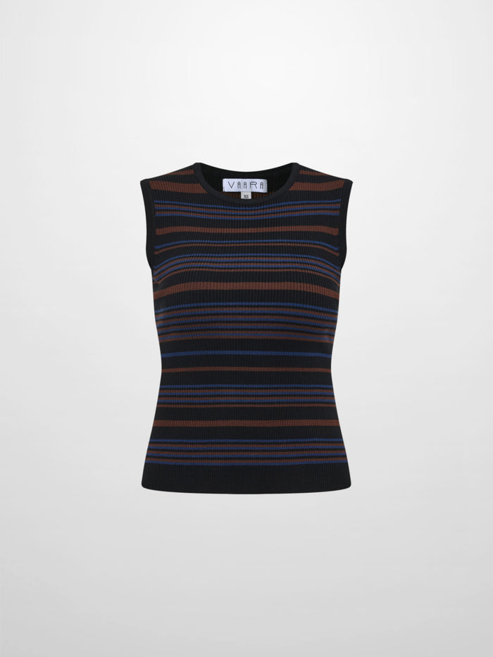 Sleeveless Ribbed Knit Sweater - Black/Brown Stripe