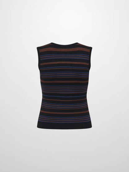 Sleeveless Ribbed Knit Sweater - Black/Brown Stripe