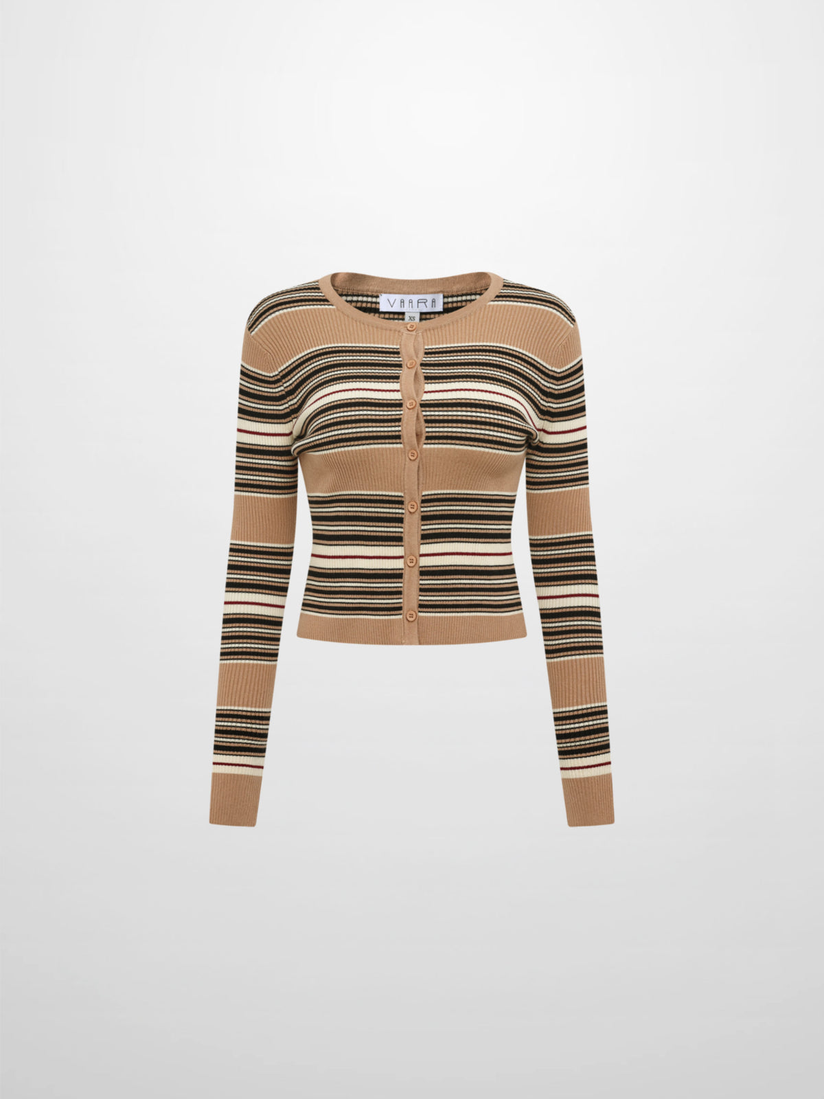 Ribbed Crew Knit Cardigan - Camel/Black Stripe