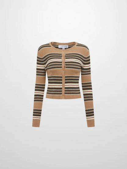 Ribbed Crew Knit Cardigan - Camel/Black Stripe