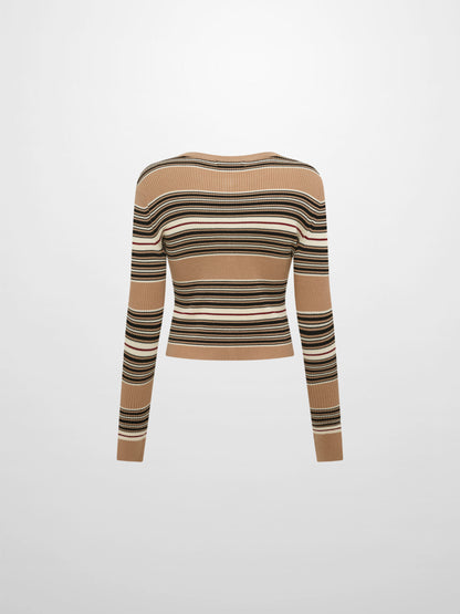 Ribbed Crew Knit Cardigan - Camel/Black Stripe