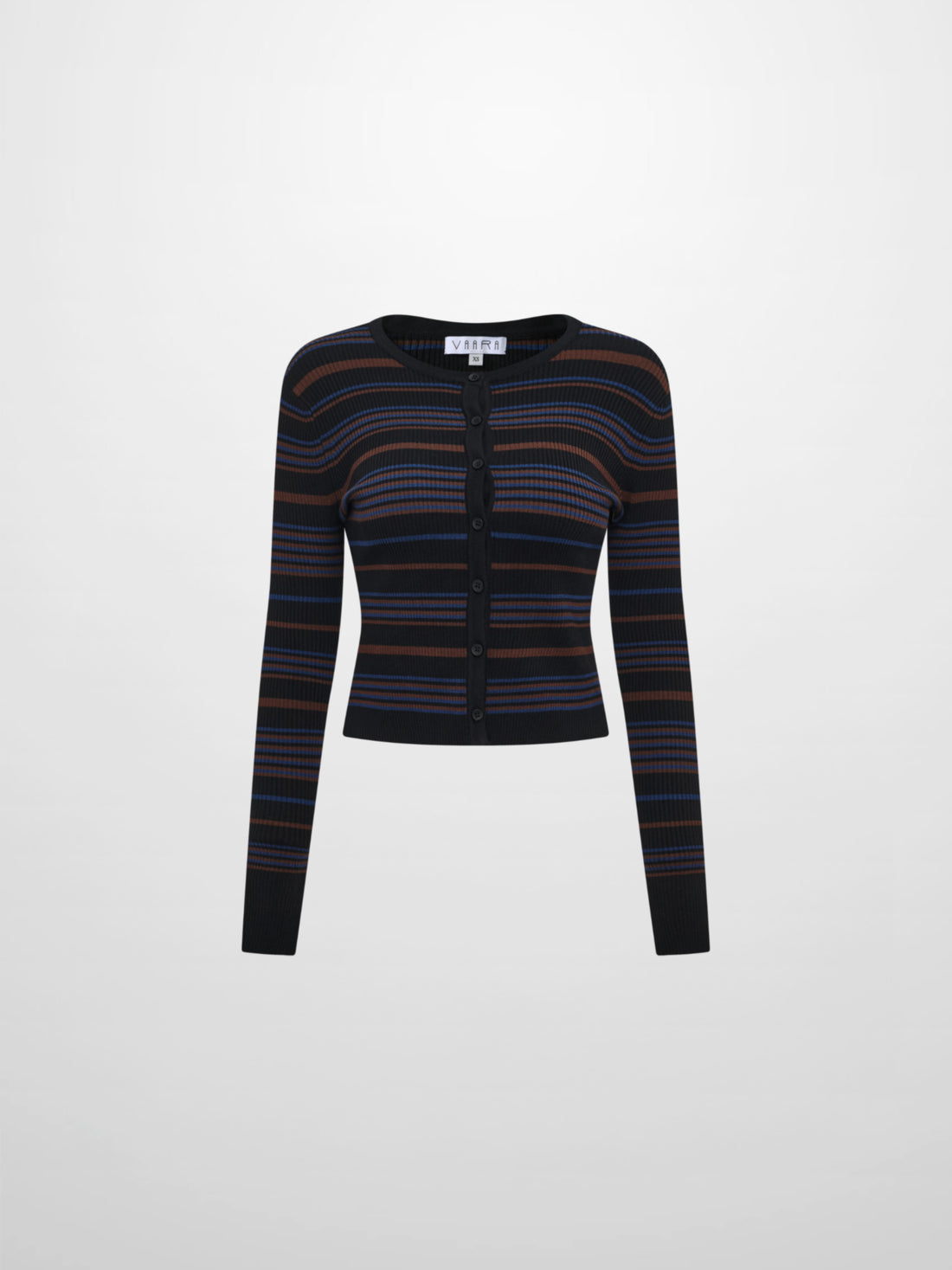 Ribbed Crew Knit Cardigan - Black/Brown Stripe