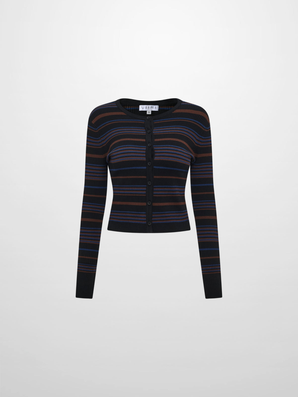 Ribbed Crew Knit Cardigan - Black/Brown Stripe