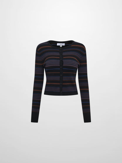 Ribbed Crew Knit Cardigan - Black/Brown Stripe