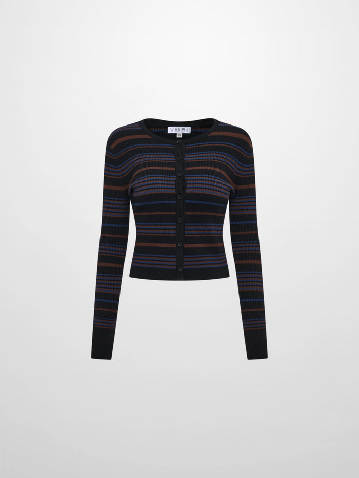 Ribbed Crew Knit Cardigan - Black/Brown Stripe