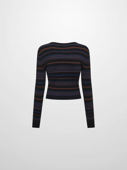 Ribbed Crew Knit Cardigan - Black/Brown Stripe
