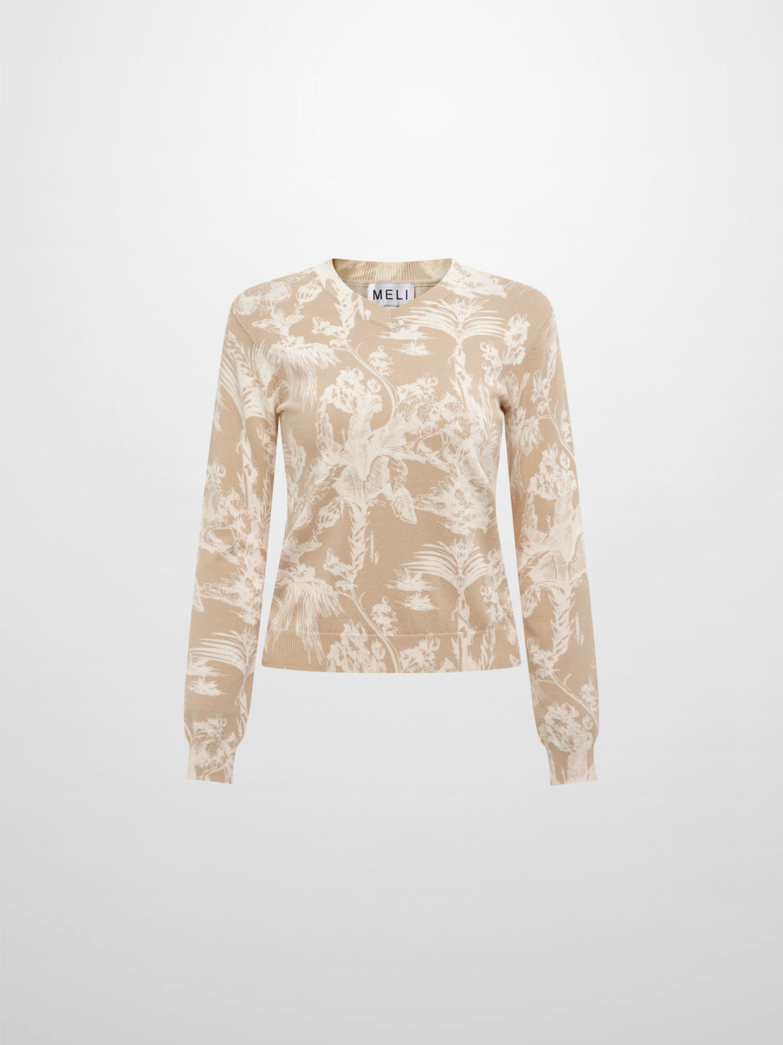 Printed High V Lightweigh Sweater - Tan Cream Toille