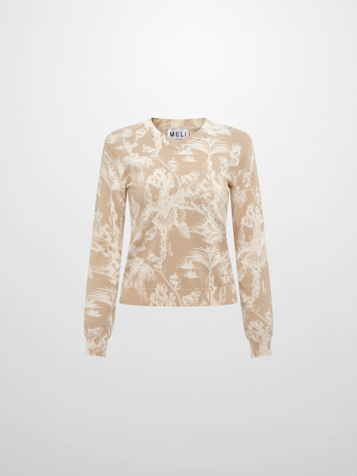 Printed High V Lightweigh Sweater - Tan Cream Toille