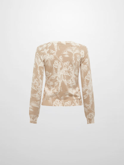 Printed High V Lightweigh Sweater - Tan Cream Toille
