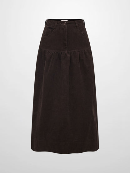 Yoke Gathered Curduroy Skirt - Brown