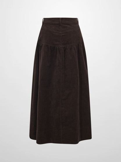 Yoke Gathered Curduroy Skirt - Brown