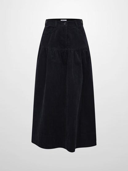 Yoke Gathered Curduroy Skirt - Navy