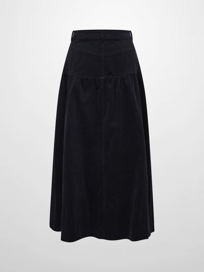 Yoke Gathered Curduroy Skirt - Navy