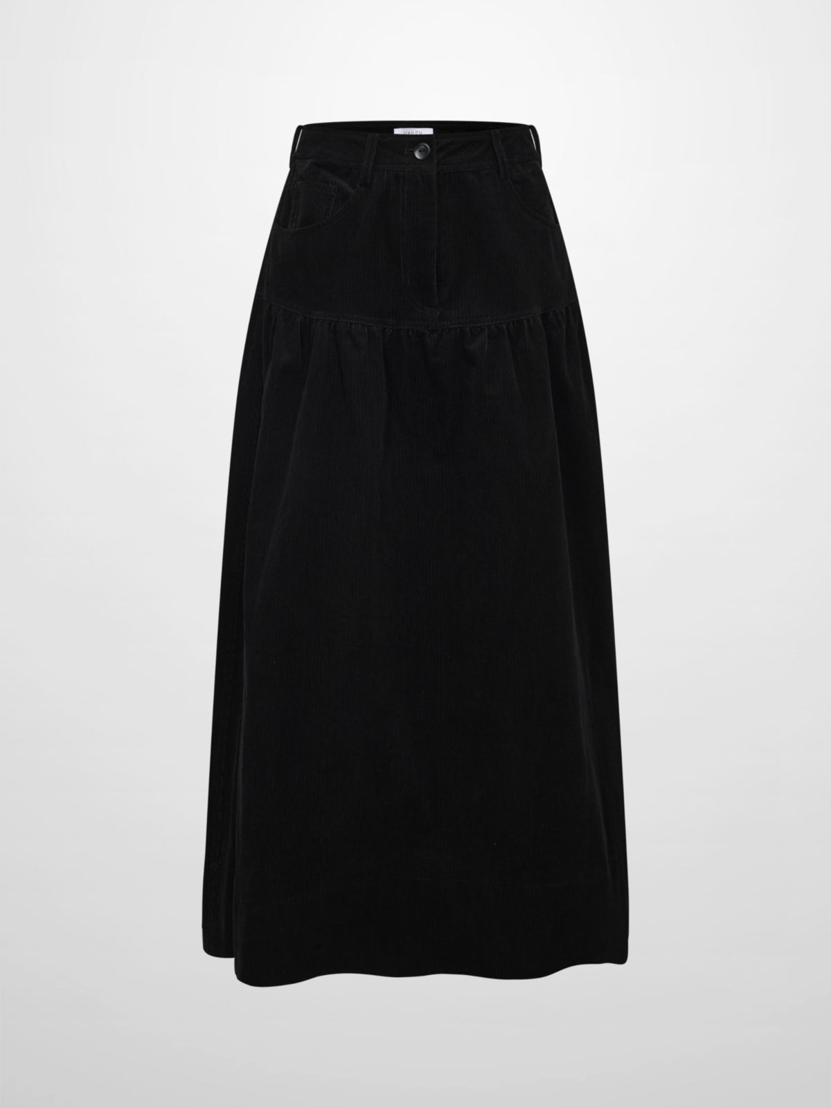 Yoke Gathered Curduroy Skirt - Black