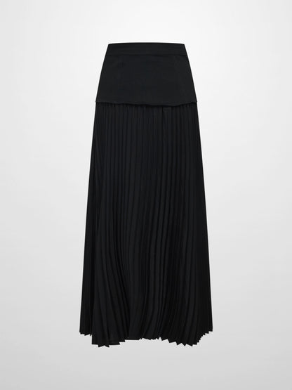 Button Panel Pleated Skirt - Black