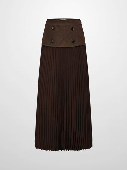 Button Panel Pleated Skirt - Brown