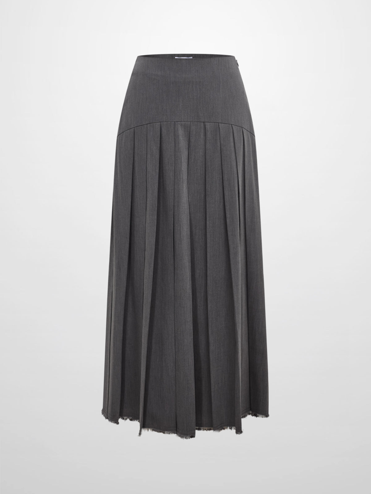 Curved Yoke Fringe Bottom Pleat Skirt LONG- Grey