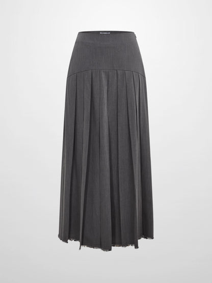 Curved Yoke Fringe Bottom Pleat Skirt LONG- Grey